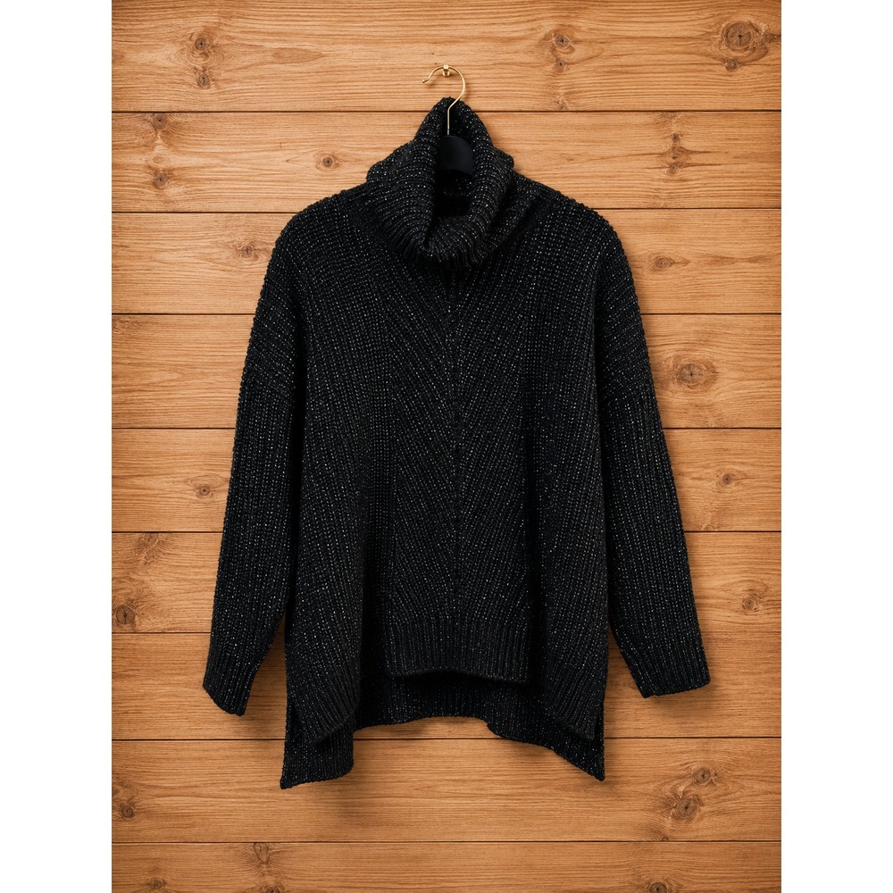 Black Glitter Yarn Oversized‎ Turtleneck Sweater Extra Large Chunky Knit XL